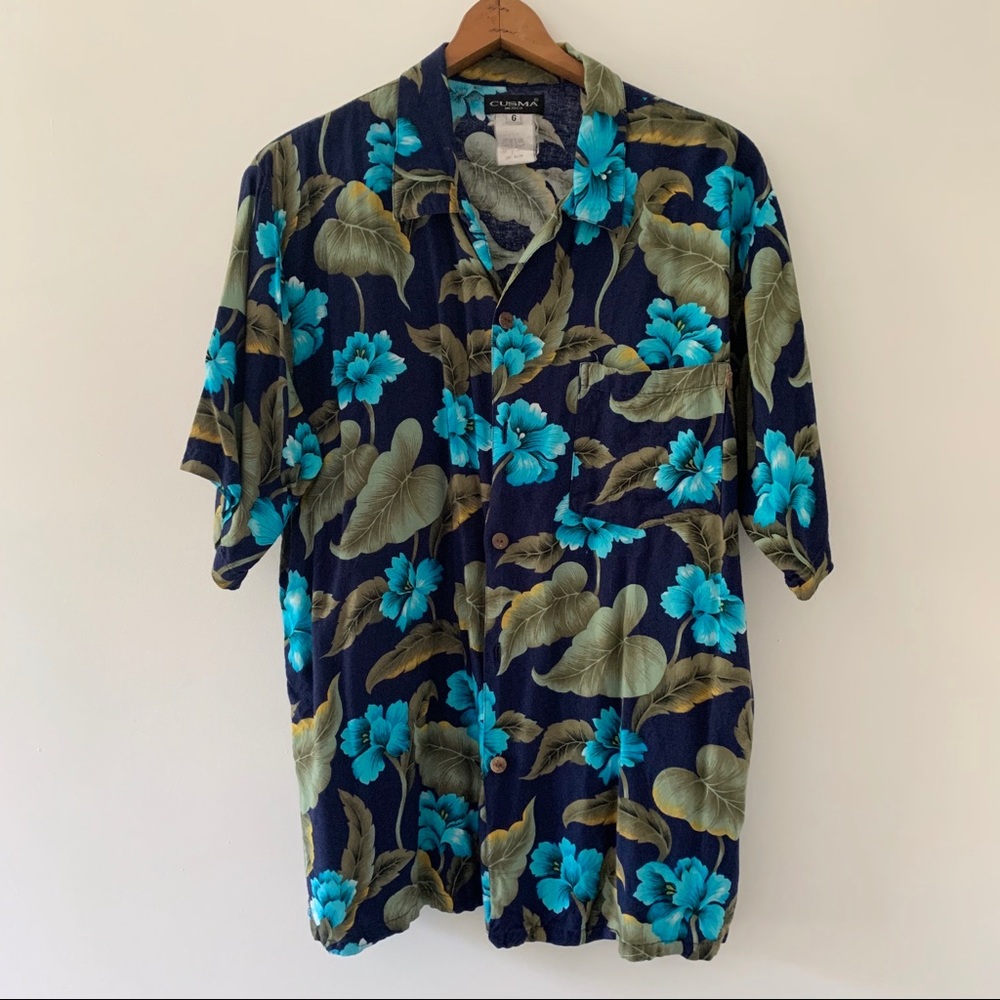 Vintage Hawaiian Button Up Shirt Blue Green Large